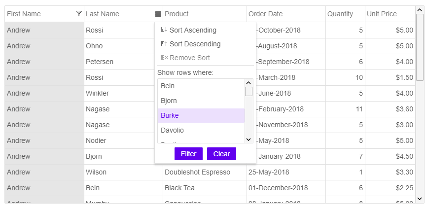 angular grid filtering