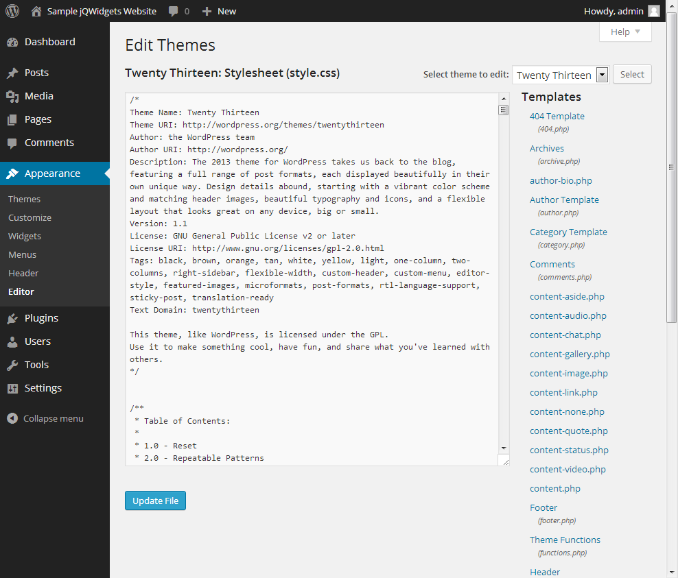 WORDPRESS Editor. GNU GPL лицензия. File Editor wp. Меню в вордпресс columns. Source content php content